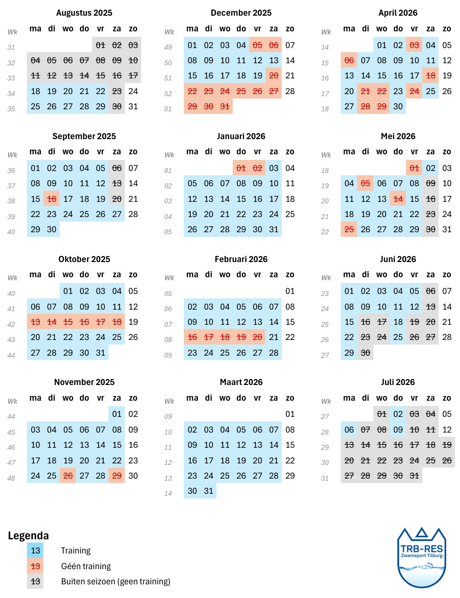 Jaarkalender Wedstrijdzwemmen TRB-RES 2025-2026
